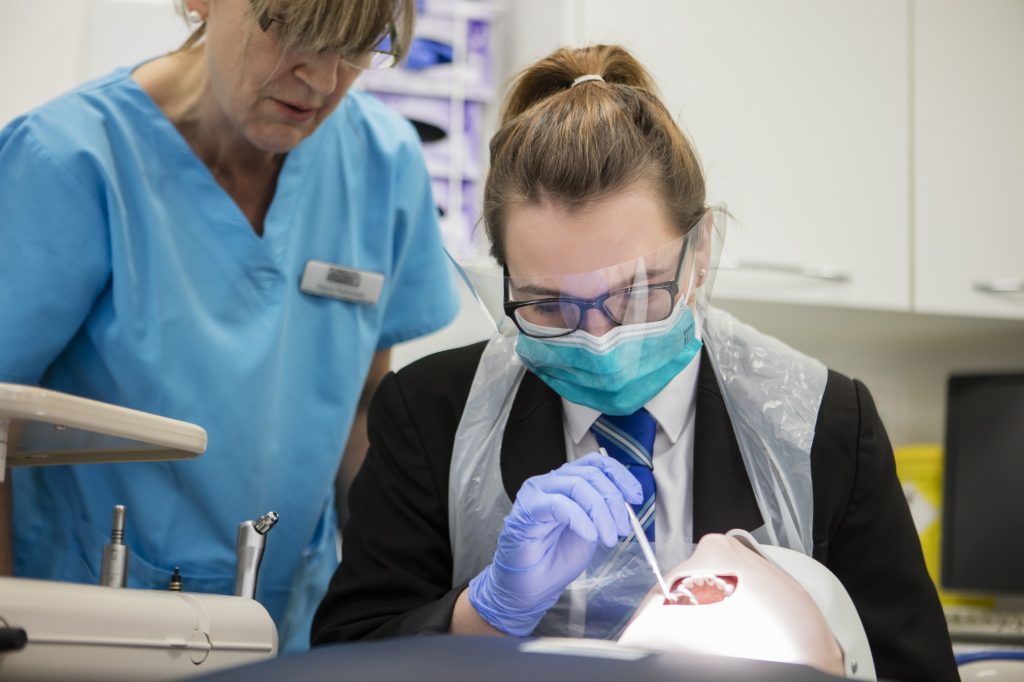 A student from Stoke Damerel Community College learns how to carry out an oral inspection on a simulated dental head